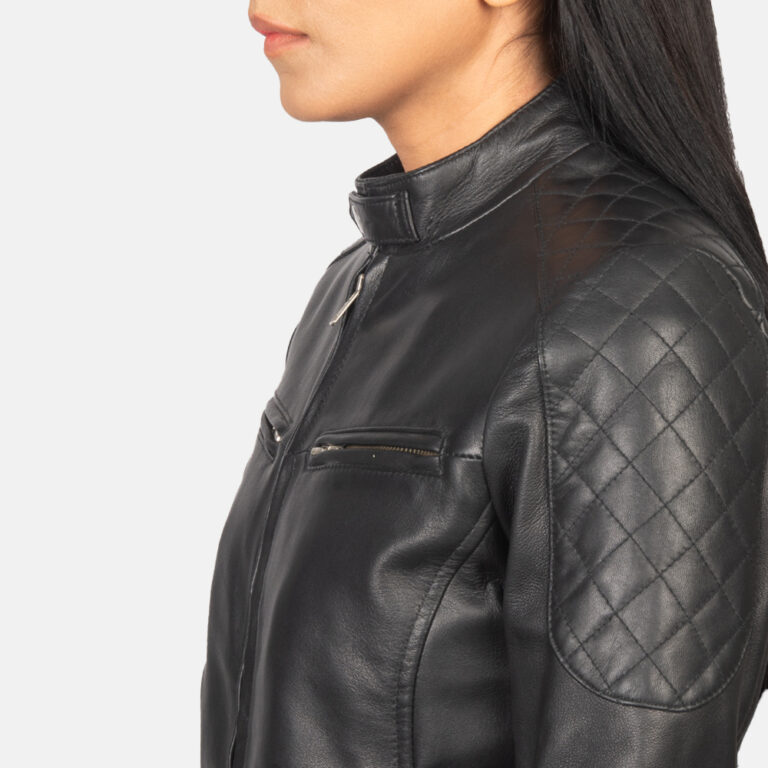 Womens Zenna Black Leather Bomber Jacket Close-Up-9-1652190989824